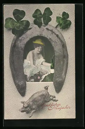 AK Glükliches Neujahr, Hufeisen mit Dame und Glücksschweinchen