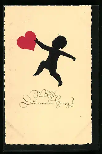 Künstler-AK Willst du mein Herz? Schattenbild, Kind mit Herz