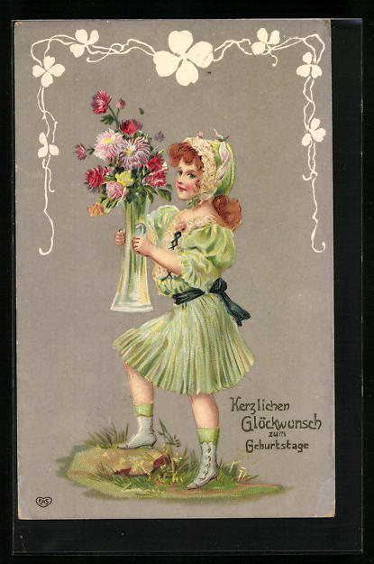 KünstlerAK Glückwünsche zum Geburtstag, Mädchen mit Blumen Nr