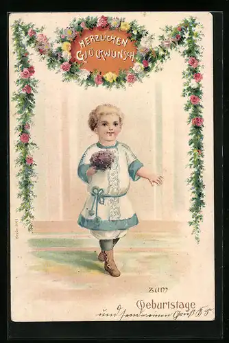 Künstler-AK Glückwünsche zum Geburtstag, Kind mit Blumenstrauss