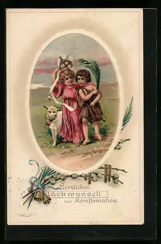 Künstler-AK Glückwünsche zur Konfirmation, Kinder mit Lämmchen