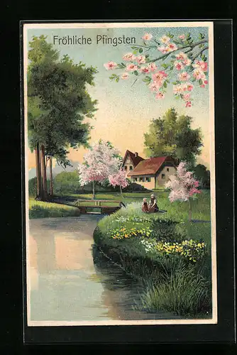 Präge-AK Fröhliche Pfingsten, Uferlandschaft mit Kirschblüten