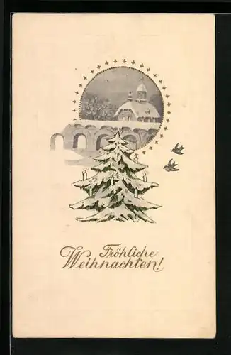 Künstler-AK Fröhliche Weihnachten mit verschneiter Kirche und Weihnachtsbaum