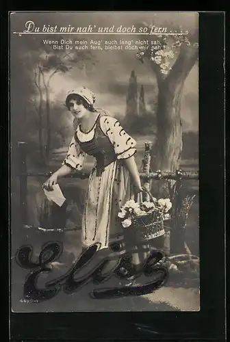 AK Elise, Du bist mir nah und doch so fern, Dame mit Blumen und Liebsbriefen