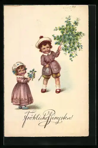 Künstler-AK Fröhliche Pfingsten, Kinder mit Blumen und Zweigen