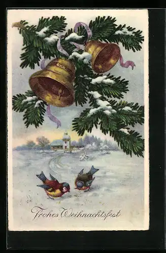 Künstler-AK Frohes Weihnachtsfest mit Glocken und Tannenzweigen
