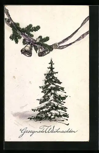 Künstler-AK Gesegnete Weihnachten mit verschneitem Tannenbaum