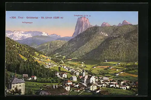 AK St. Ulrich /Grödental, Gesamtansicht mit Sellagruppe und Langkofel