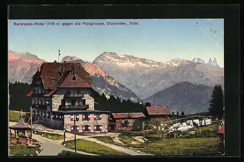 AK Karersee, Karerpass-Hotel gegen die Palagruppe, Dolomiten