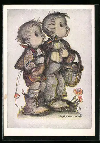 Künstler-AK Hummel: Zwei Gratulanten mit Korb