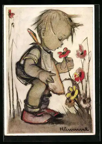 Künstler-AK Hummel: Kleines Kind mit einer Blume