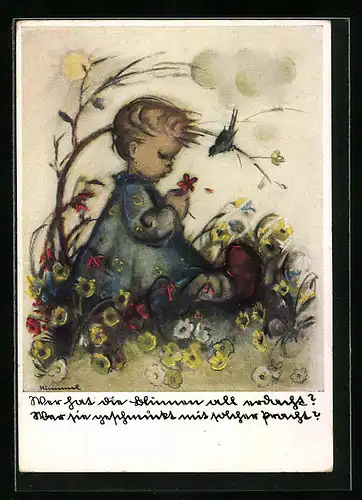 Künstler-AK Hummel: Kleines Mädchen mit Blume und Vogel