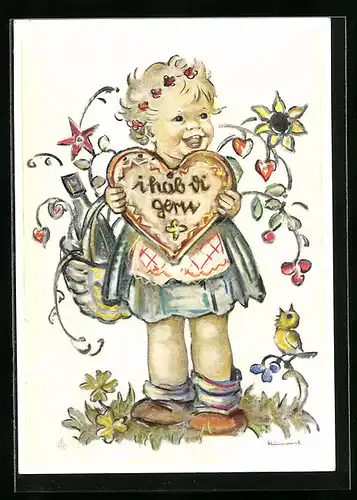 Künstler-AK Hummel: Mädchen mit Lebkuchenherz