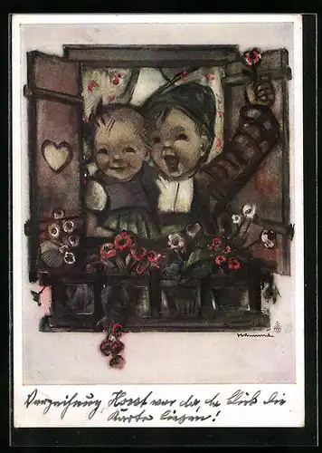 Künstler-AK Hummel: Kinderpaar am Fenster