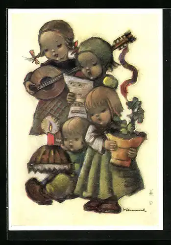 Künstler-AK Hummel: Kinder mit Lautengitarre und Kuchen, Glückwunsch