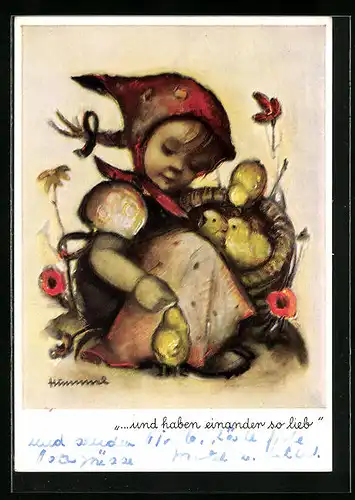 Künstler-AK Hummel: ...und haben einander so lieb, Mädchen mit Küken