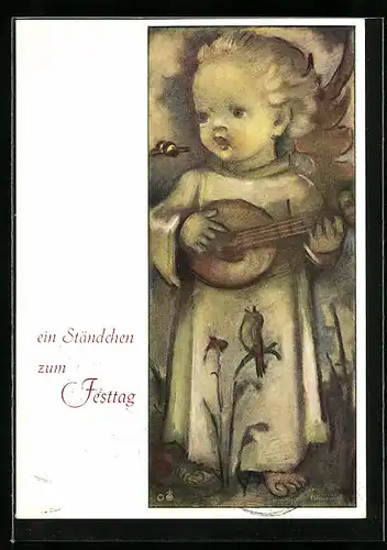 Künstler-AK Hummel: Englein mit Lautengitarre, Festtagsgruss