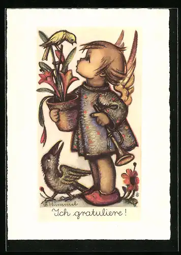 Künstler-AK Hummel: Englein mit Blumentopf und Vogel, Gratulation
