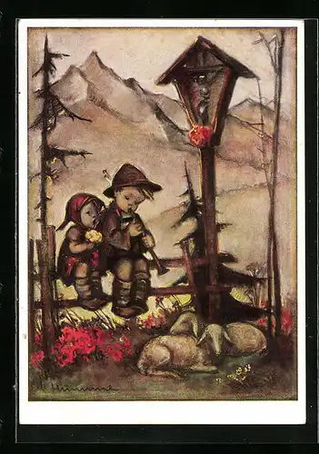 Künstler-AK Hummel: Kinderpaar mit Flöte vor Flurkreuz