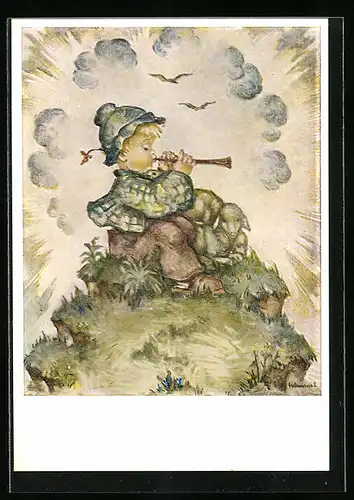Künstler-AK Hummel: Hirtenlied, Junge mit Flöte
