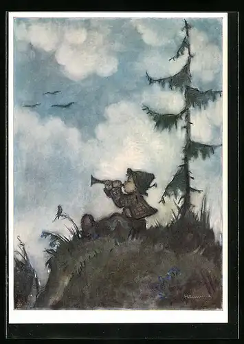 Künstler-AK Hummel: Junge mit Tröte