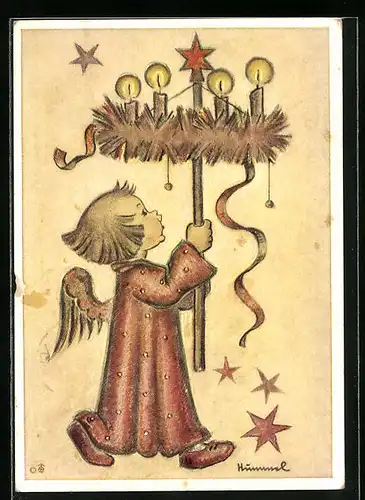 Künstler-AK Hummel: Engel mit Weihnachtskranz