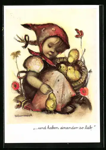 Künstler-AK Hummel: ...und haben einander so lieb, Kleines Mädchen mit Küken
