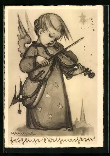 Künstler-AK Hummel: Kleiner Engel spielt Geige, Weihnachtsgruss