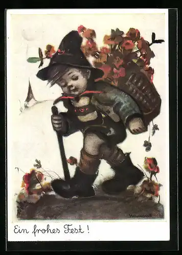 Künstler-AK Hummel: Kleiner Junge mit Blumenkorb