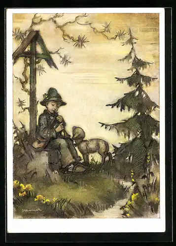 Künstler-AK Hummel: Junge mit Flöte und Lamm am Flurkreuz, Ostergruss