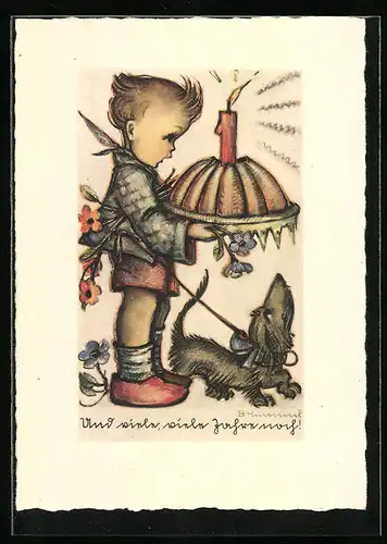 Künstler-AK Hummel: Junge mit Kuchen und Hund
