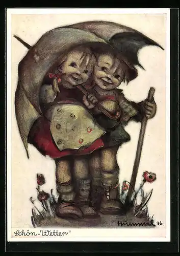 Künstler-AK Hummel: Schön-Wetter, Kinderpaar unterm Schirm