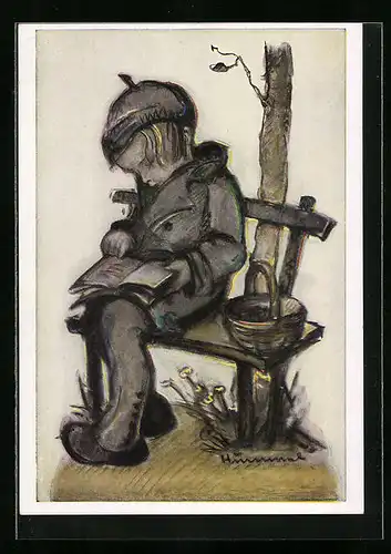 Künstler-AK Hummel: Versunken, Junge mit einem Buch
