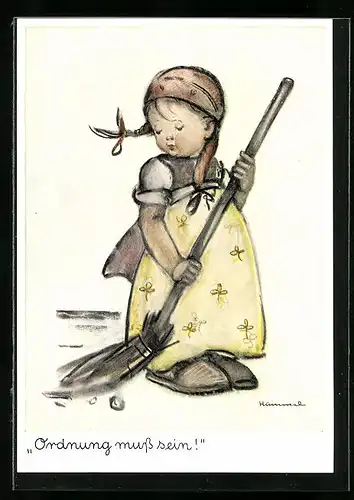 Künstler-AK Hummel: Ordnung muss sein!, Mädchen mit Besen