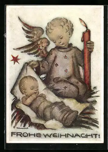 Künstler-AK Hummel: Engel mit Kerze und Christkind, Weihnachtsgruss