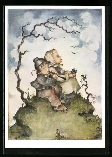 Künstler-AK Hummel: Kinderpaar mit Flöte