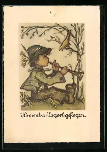 Künstler-AK Hummel: Kommt a Vogerl geflogen, Junge mit Tröte