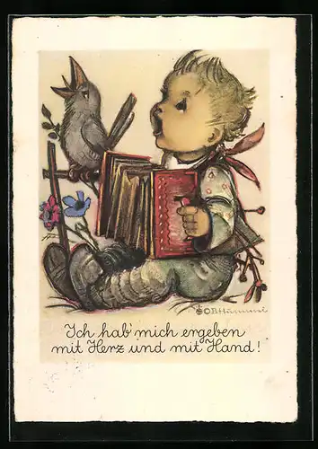 Künstler-AK Hummel: Ich hab` mich ergeben..., Junge mit Ziehharmonika und Vogel