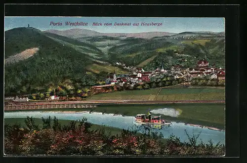 Künstler-AK Porta Westfalica, Blick vom Denkmal auf Hausberge, Dampfer