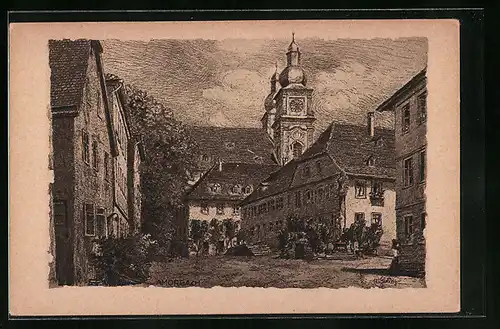 Künstler-AK Amorbach /Unterfranken, Der Marktplatz