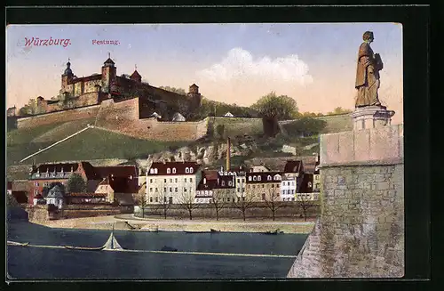 AK Würzburg, Uferpartie mit der Festung