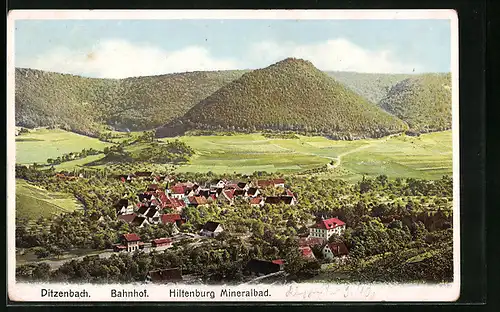 AK Ditzenbach, Ortsansicht mit Bahnhof, Hiltenburg Mineralbad