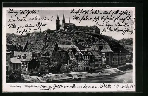 AK Bamberg, Uferpartie mit Fachwerkhäusern, Die Burg