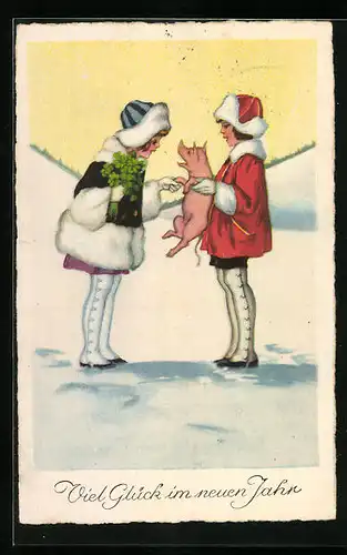Künstler-AK Zwei Mädchen mit Schwein im Schnee - Neujahrsgruss