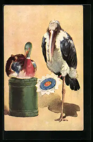 Künstler-AK Klapperstorch auf einem Bein und Ente