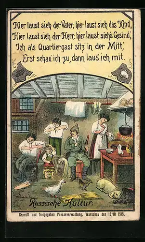 Künstler-AK Russische Kultur - Deutscher Soldat bei Familie mit Läusen