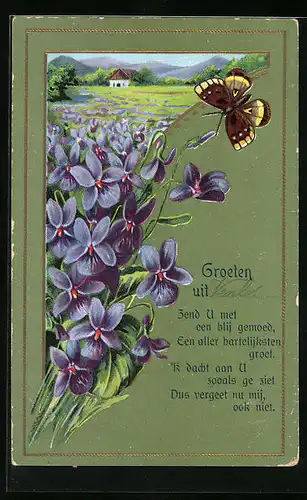Präge-AK Schmetterling mit blauen Blüten und Sommerlandschaft