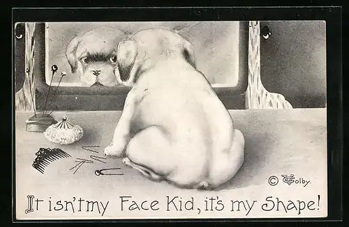 Künstler-AK Dicker Hund begutachtet sich vor dem Spiegel