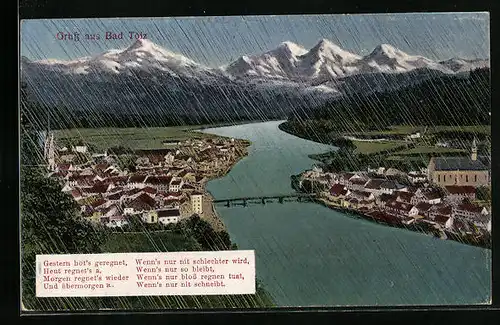 Künstler-AK Bad Tölz, Verregnete Totalansicht mit Isar