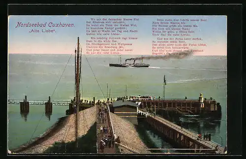 AK Cuxhaven, Hafenpartie am Gasthaus Alte Liebe, Dampfer